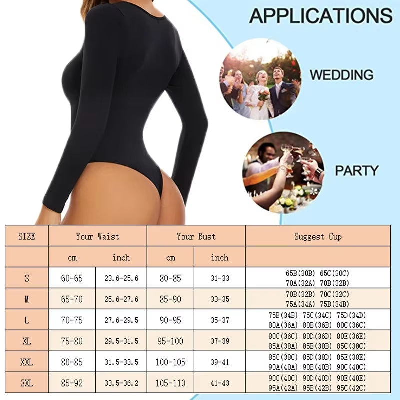 GUUDIA Spandex Elastic Body Suit Shapewear Women Body Shaper Tummy Control Long Sleeve Open Crotch Big U Neck Seamless Shapers