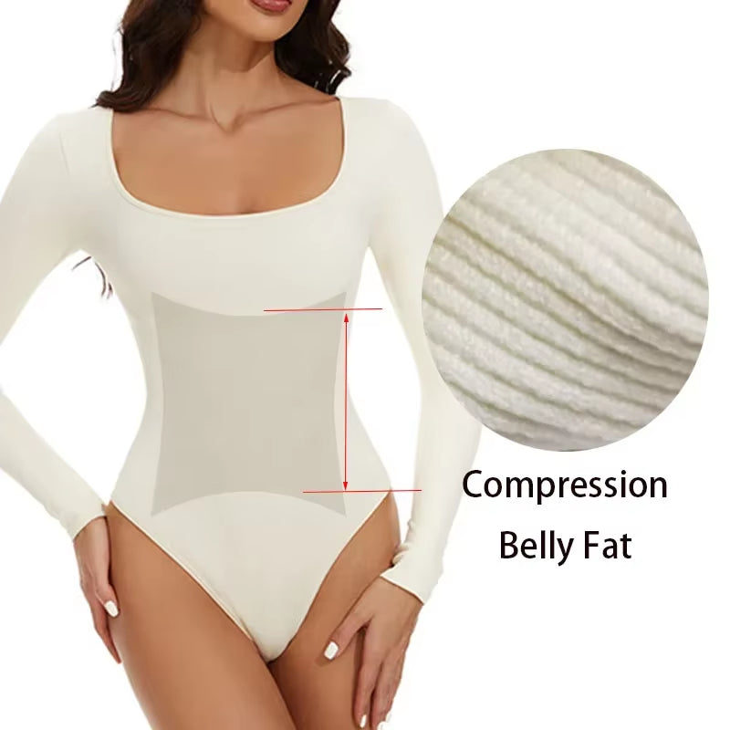 GUUDIA Spandex Elastic Body Suit Shapewear Women Body Shaper Tummy Control Long Sleeve Open Crotch Big U Neck Seamless Shapers